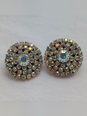 Aurora Crystal Round Earrings - Iridescent Blue - Vintage Chunky Luxury